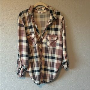 Eden & Olivia Plaid Button Down Shirt - Pink, Black, Cream